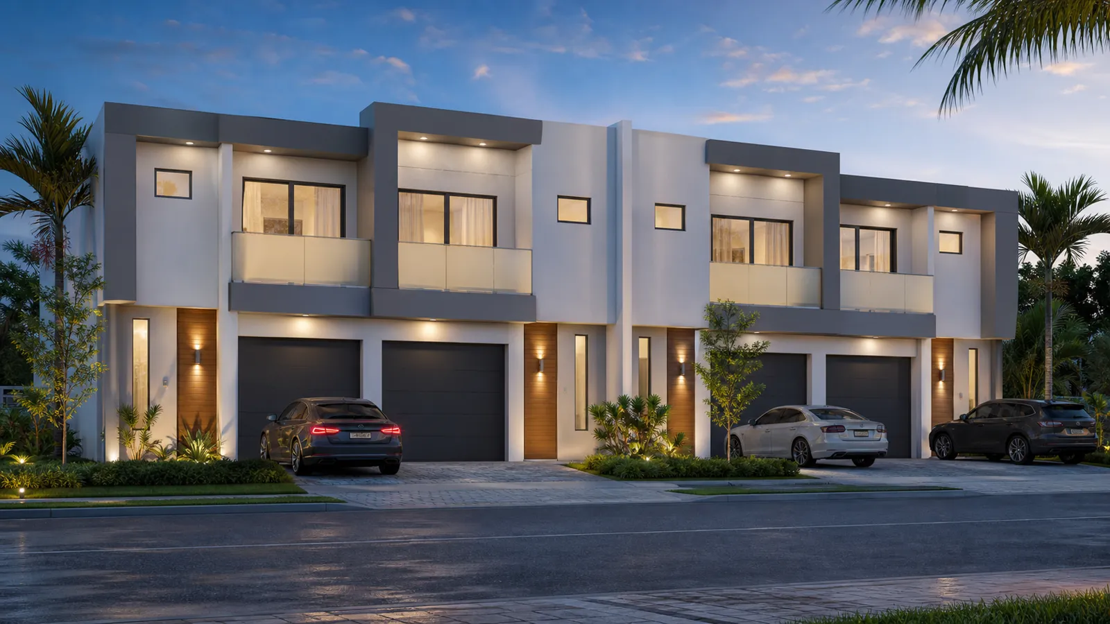 Visualización conceptual exterior de un desarrollo de townhouses